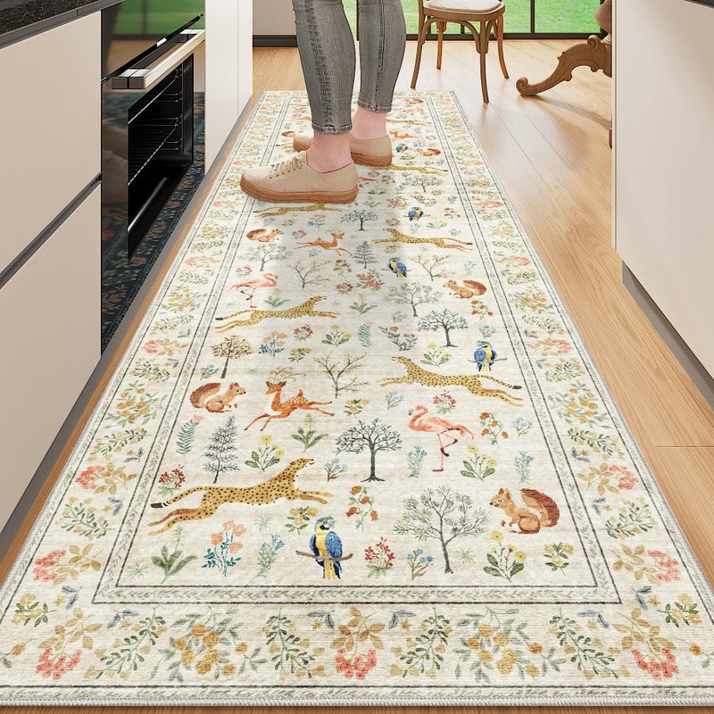 DUKINO 2x6 Rug for Hallway, Washable Kitchen Runner Rug with Non Slip Backing, Soft Low Pile Vintage Animal Runner for Bedroom, Kitchen, Hallway, Entryway, Laundry, Beige - Image 1