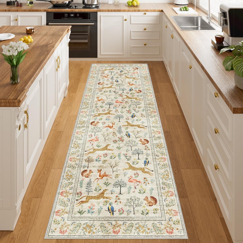 DUKINO 2x6 Rug for Hallway, Washable Kitchen Runner Rug with Non Slip Backing, Soft Low Pile Vintage Animal Runner for Bedroom, Kitchen, Hallway, Entryway, Laundry, Beige - Image 3