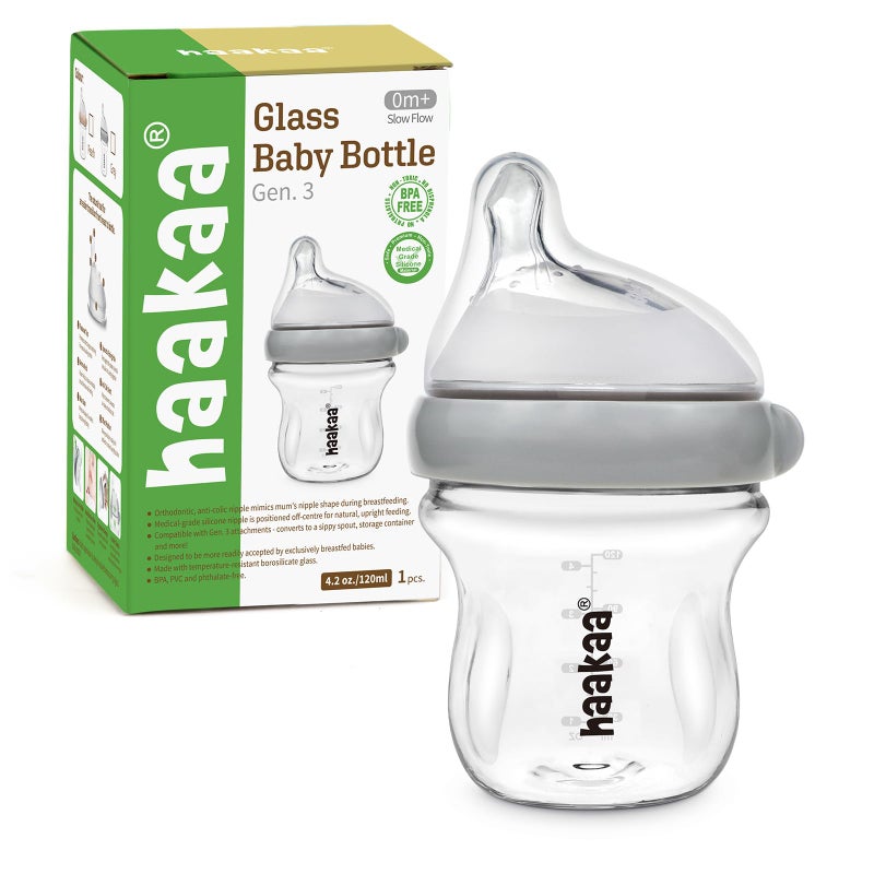 haakaa Gen.3 Natural Glass Baby Bottle 4.2oz/120ml - Wide Neck Anti-Colic Slow Flow Nipple for 0M+ Breastfed Baby, Newborn Registry Essentials,BPA-Free - 1 PK - Image 1