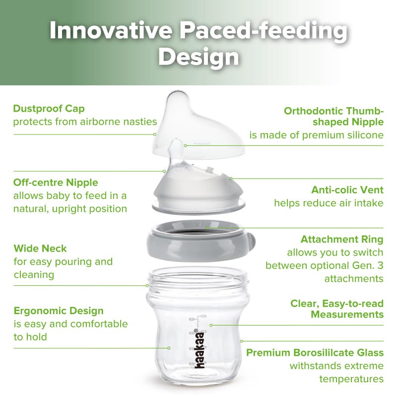 haakaa Gen.3 Natural Glass Baby Bottle 4.2oz/120ml - Wide Neck Anti-Colic Slow Flow Nipple for 0M+ Breastfed Baby, Newborn Registry Essentials,BPA-Free - 1 PK - Image 4