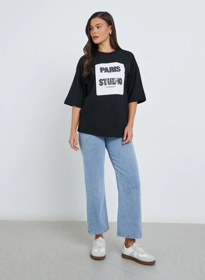 Styli Styli Women Black Sequin Paris Oversized T-Shirt