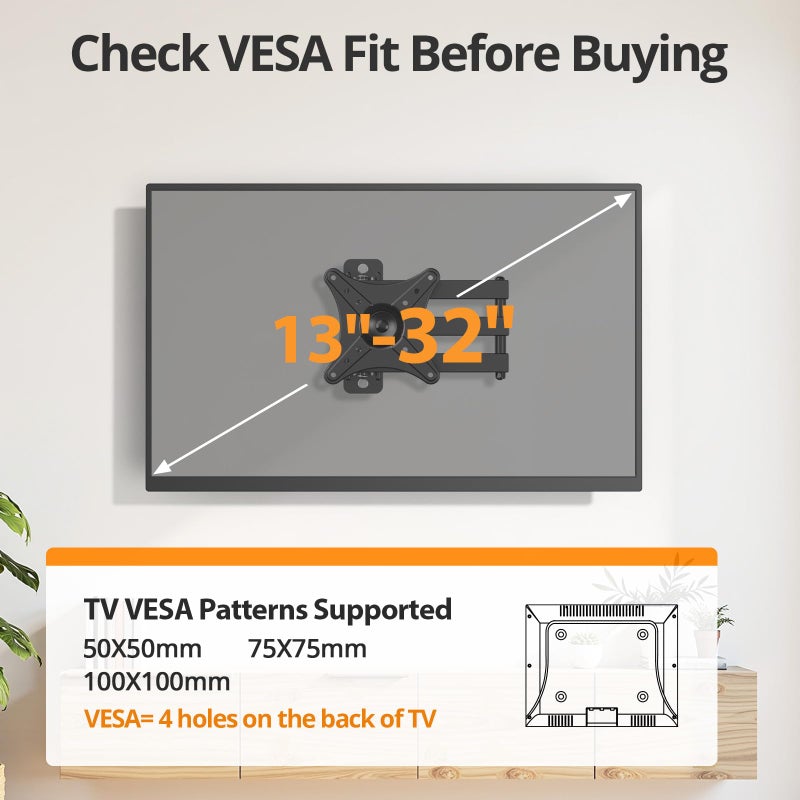 IWORKBOARD Full Motion TV Monitor Wall Mount Bracket for Most 13-32 Inch LED LCD Flat Curved Screen, Max VESA 100x100mm up to 33lbs, 360Â° Rotation Swivel Tilt Extensionï¼ŒAdjustable Articulating Arms - Image 5