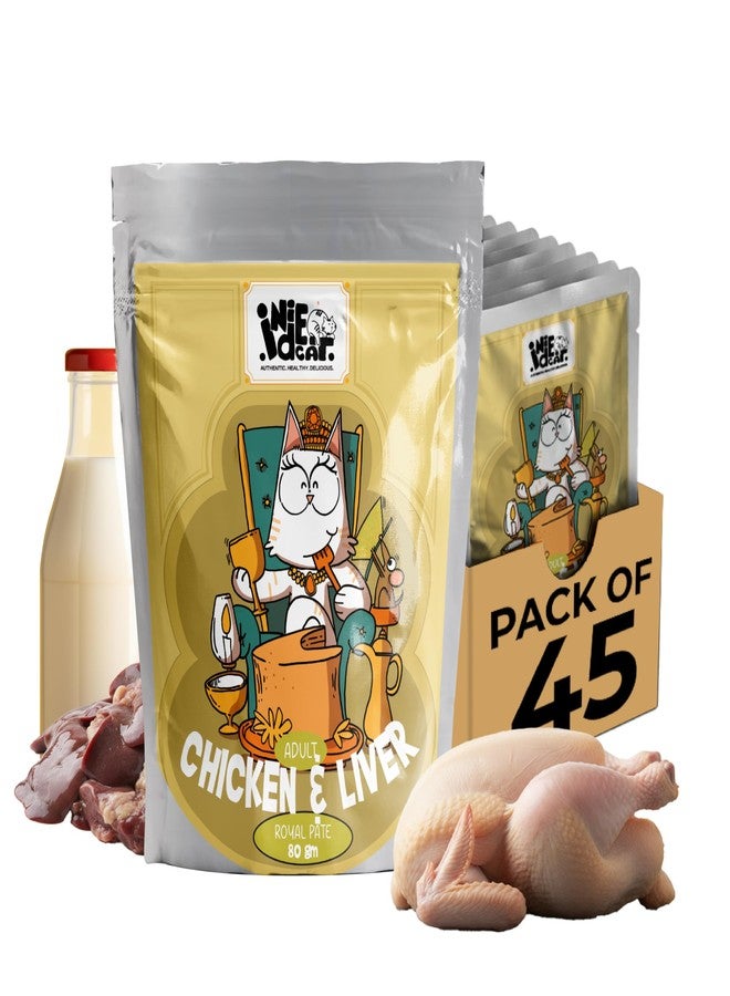 Indie Cat Adult Wet Cat Food (1+ Years), Chicken & Liver Royal Pate Meal 80g x 45 Packs | Preservative Free, Gluten & Grain Free | Human Grade Natural Healthy Cat Wet Food Pouch