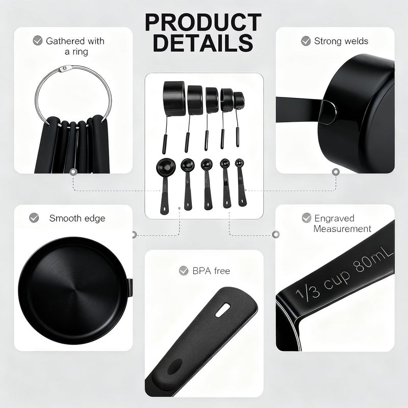 Bopei Measuring Cups and Spoons Set, Titanium-Plated Matte Black Stainless Steel 10 Piece for Cooking and Baking (5 Cups + 5 Spoons All Black) - Image 3