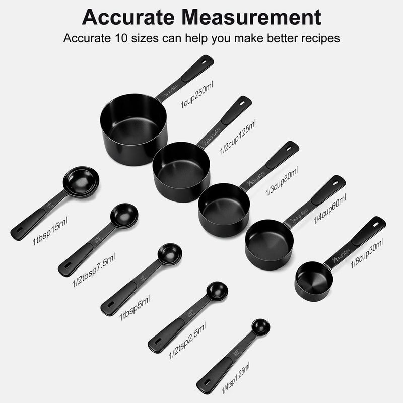Bopei Measuring Cups and Spoons Set, Titanium-Plated Matte Black Stainless Steel 10 Piece for Cooking and Baking (5 Cups + 5 Spoons All Black) - Image 2