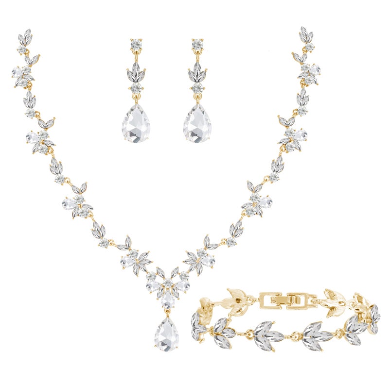 Paxuan Bridal Wedding Elegant Floral Jewelry Set for Women/Brides/Bridesmaids Crystal Jewelry Set for Wedding Prom Party Bridal Crystal Necklace Earrings Bracelet Set (White (14KC gold Plated)) - Image 1
