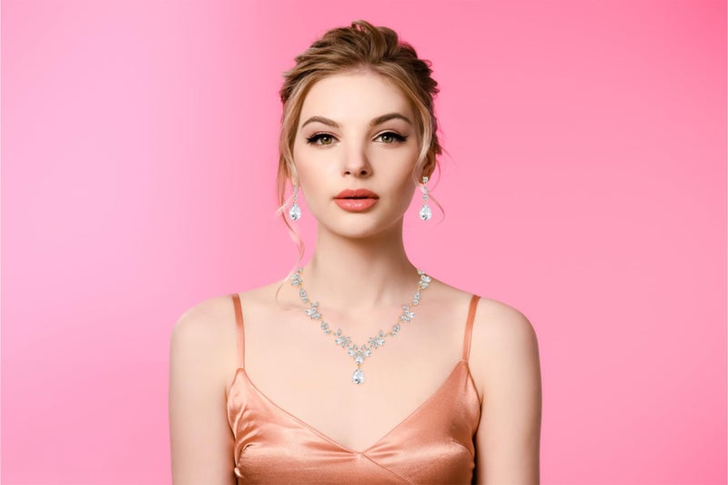 Paxuan Bridal Wedding Elegant Floral Jewelry Set for Women/Brides/Bridesmaids Crystal Jewelry Set for Wedding Prom Party Bridal Crystal Necklace Earrings Bracelet Set (White (14KC gold Plated)) - Image 3