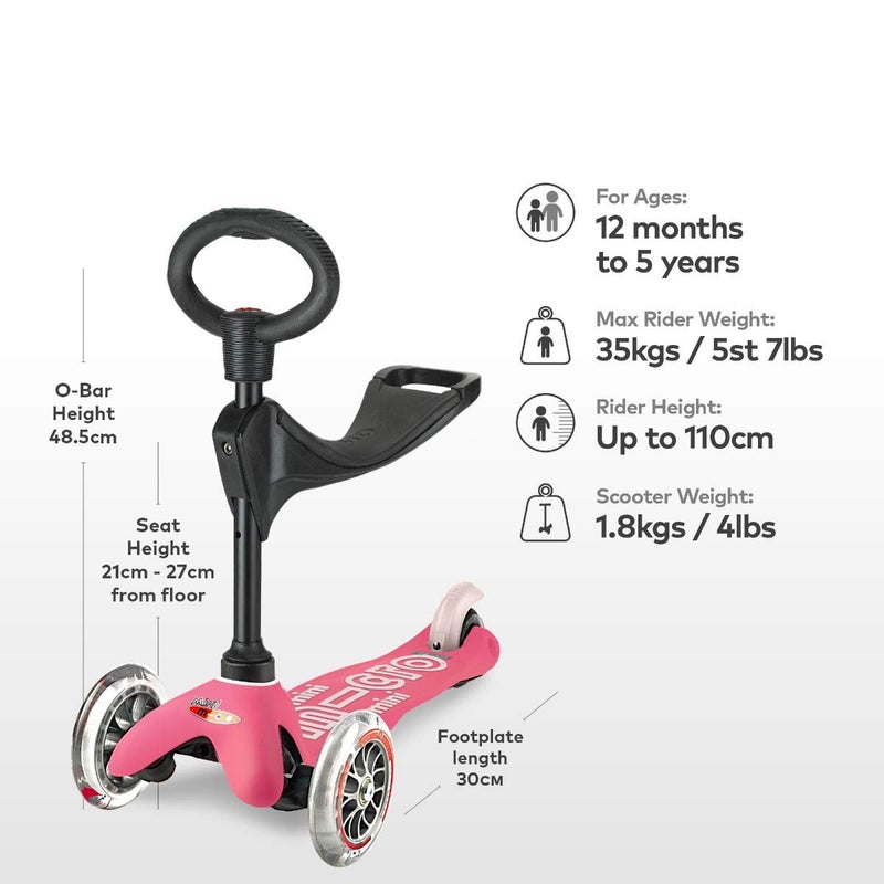 Micro Mini 3in1 Deluxe 3-Stage Ride-on Micro Scooter Toddler Toys for Ages 12 Months to 5 Years - Pink - Image 3