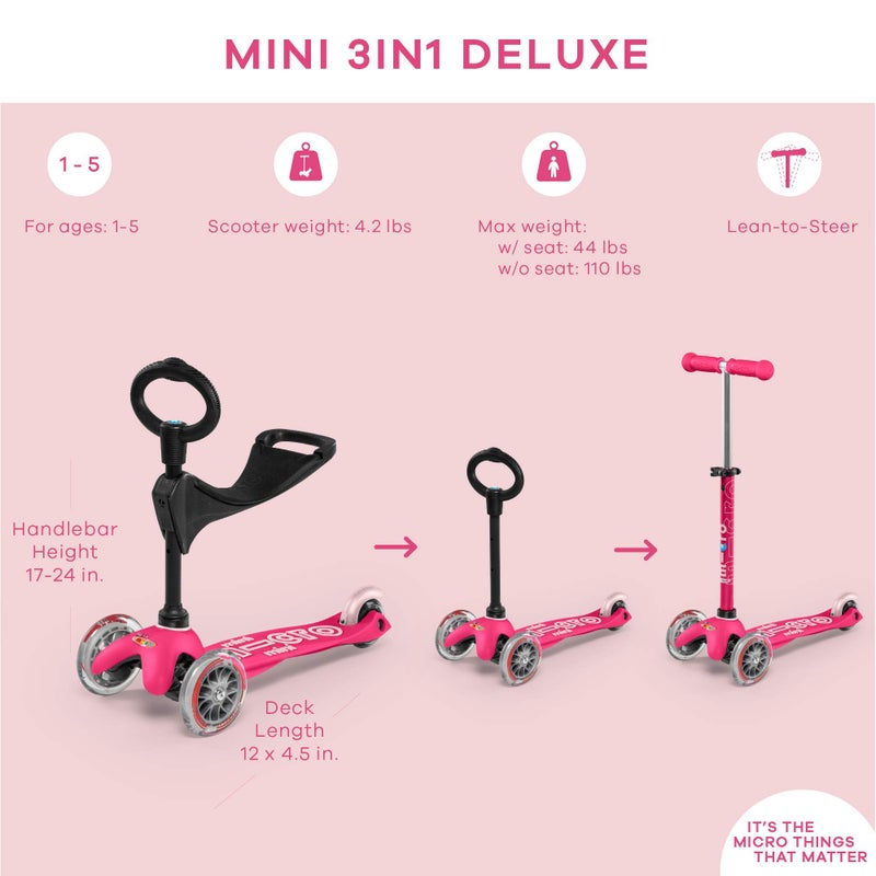 Micro Mini 3in1 Deluxe 3-Stage Ride-on Micro Scooter Toddler Toys for Ages 12 Months to 5 Years - Pink - Image 2