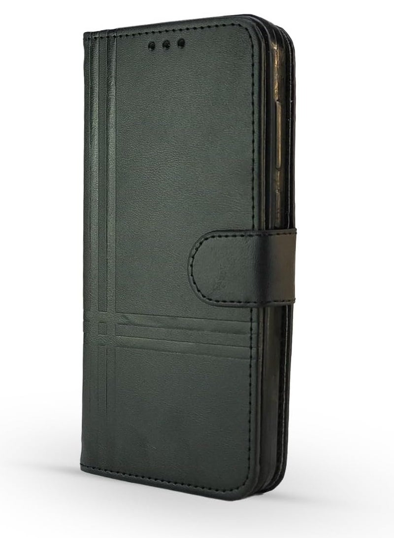 For Nokia 3.1 Leather Flip Case with Card Slot, Kickstand, Magnetic Closure Strap, Includes Inner Wallet, Silicone & TPU - Black - Image 1