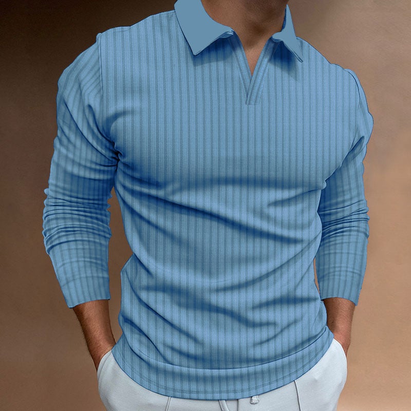 Mens Autumn Fitness Business Casual Collared Long Sleeve Striped V-Neck Polo Shirt Light blue  - Image 1