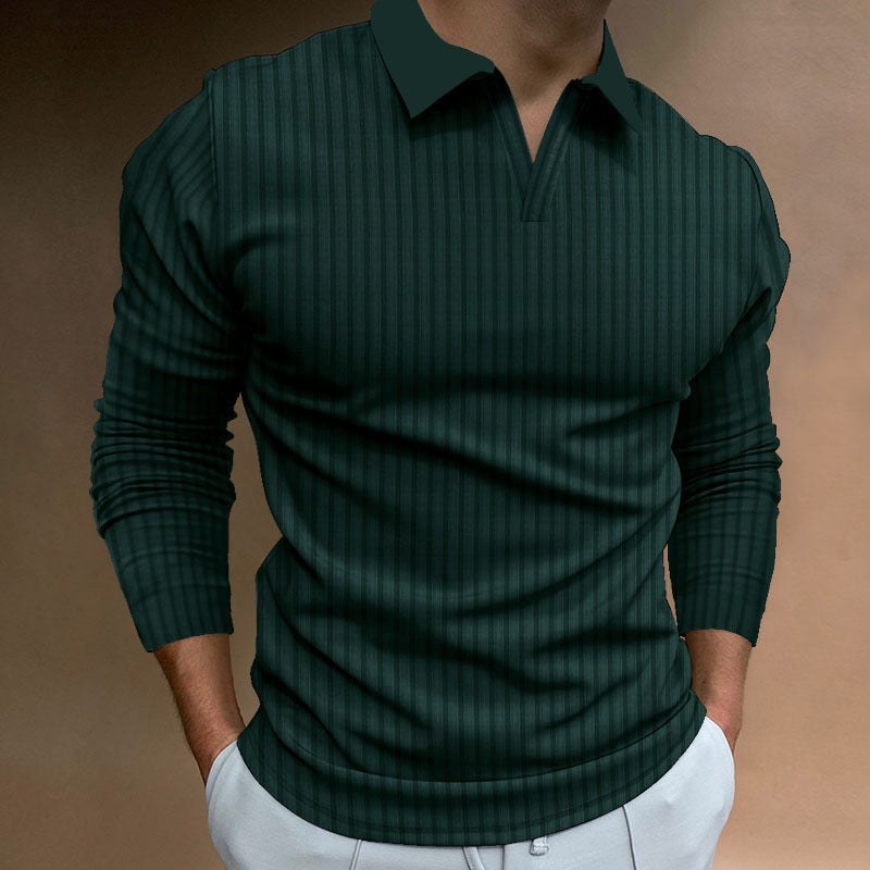 Mens Autumn Fitness Business Casual Collared Long Sleeve Striped V-Neck Polo Shirt Light blue  - Image 2
