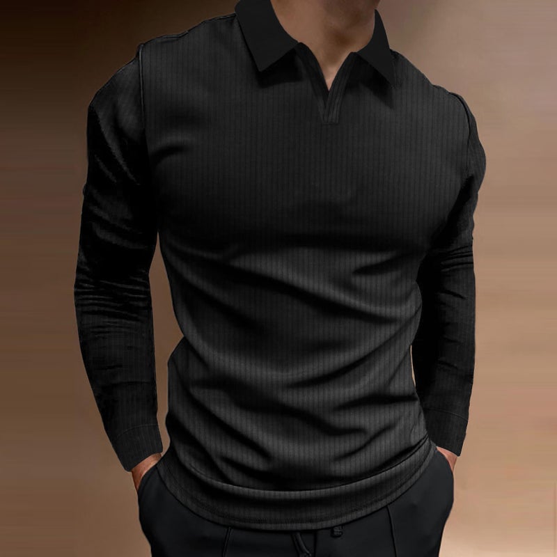 Mens Autumn Fitness Business Casual Collared Long Sleeve Striped V-Neck Polo Shirt Light blue  - Image 3