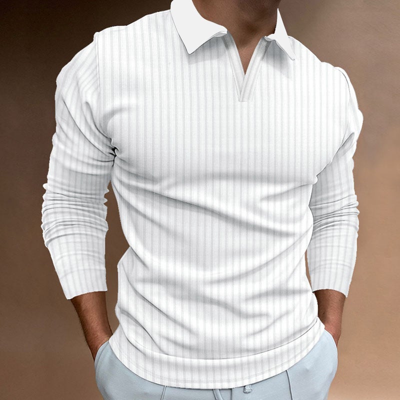 Mens Autumn Fitness Business Casual Collared Long Sleeve Striped V-Neck Polo Shirt Light blue  - Image 5