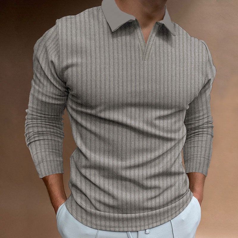 Mens Autumn Fitness Business Casual Collared Long Sleeve Striped V-Neck Polo Shirt Light blue  - Image 4