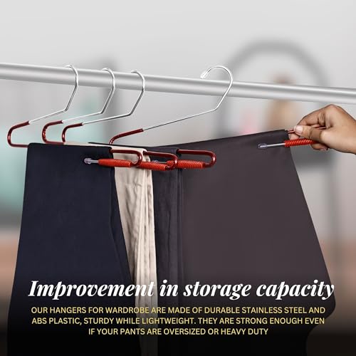 Rollyware Unique Design Hanger - Premium Stainless Steel Hanger For Sarees, Pants, Scarves & Other Clothes - Lower Band Lock (Red, 30 Pieces) - Image 2