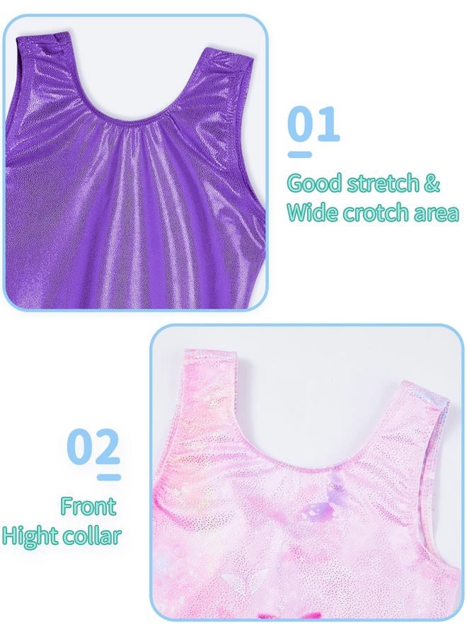 Nymphperi 2 Packs Gymnastics Leotard for Girls Sparkle Biketards with Shorts Kids Sleeveless Unitard One-Piece Dancewear, 2pcs Purple & Butterfly, 5-6 years - Image 3