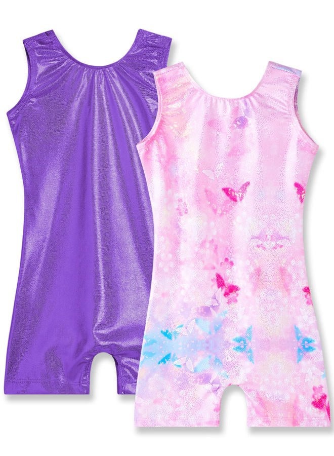 Nymphperi 2 Packs Gymnastics Leotard for Girls Sparkle Biketards with Shorts Kids Sleeveless Unitard One-Piece Dancewear, 2pcs Purple & Butterfly, 5-6 years - Image 1