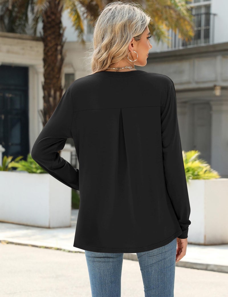 Micoson Womens Blouses Dressy Casual V Neck Long Sleeve Business Shirts Pleated Soft Work Tunic Loose Fit Fall Fashion 2024 Black XXL - Image 3