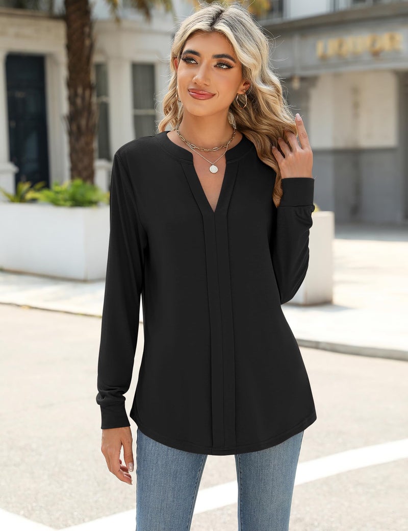 Micoson Womens Blouses Dressy Casual V Neck Long Sleeve Business Shirts Pleated Soft Work Tunic Loose Fit Fall Fashion 2024 Black XXL - Image 2