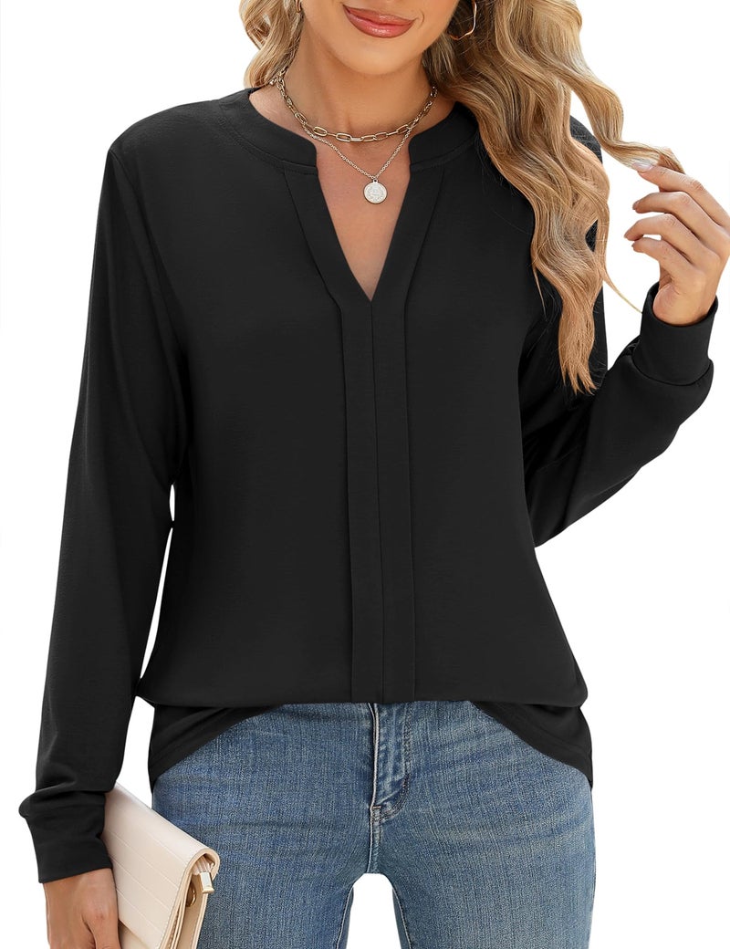 Micoson Womens Blouses Dressy Casual V Neck Long Sleeve Business Shirts Pleated Soft Work Tunic Loose Fit Fall Fashion 2024 Black XXL - Image 1