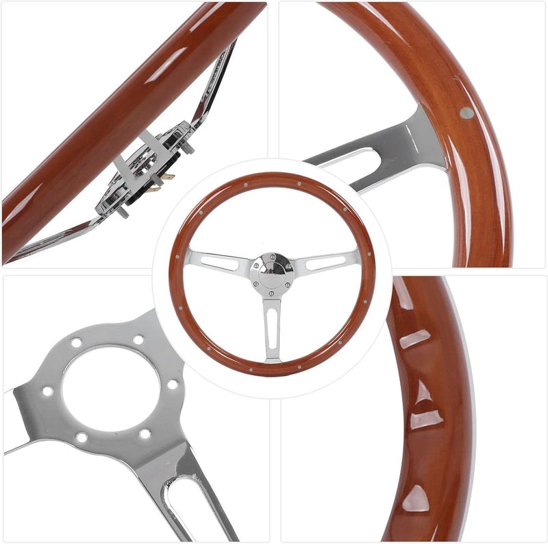 woobles Steering Wheel, 380mm 15in Classic Steering Wheel Assembly Walnut Grip 3 Spoke Riveted 6 Hole Universal Modification(Black) (Brown) Brown - Image 4