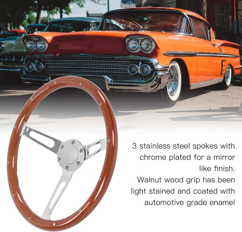 woobles Steering Wheel, 380mm 15in Classic Steering Wheel Assembly Walnut Grip 3 Spoke Riveted 6 Hole Universal Modification(Black) (Brown) Brown - Image 5