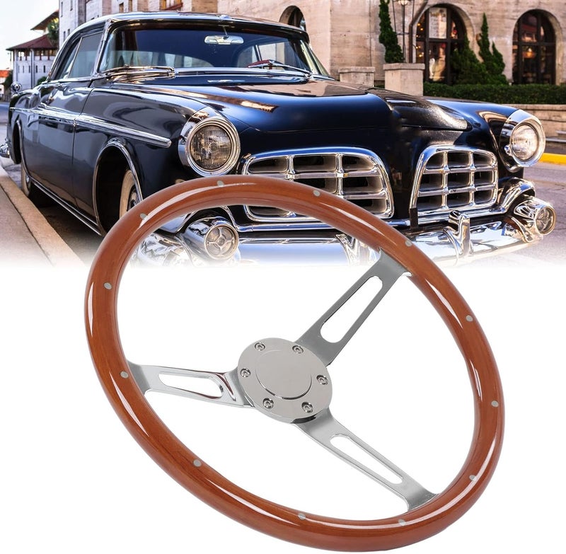 woobles Steering Wheel, 380mm 15in Classic Steering Wheel Assembly Walnut Grip 3 Spoke Riveted 6 Hole Universal Modification(Black) (Brown) Brown - Image 2