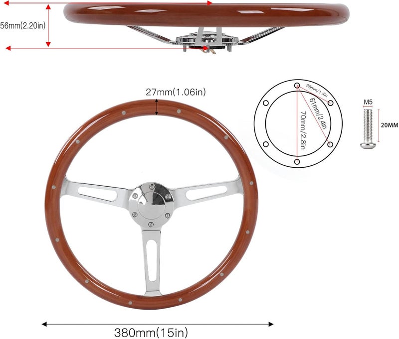 woobles Steering Wheel, 380mm 15in Classic Steering Wheel Assembly Walnut Grip 3 Spoke Riveted 6 Hole Universal Modification(Black) (Brown) Brown - Image 3