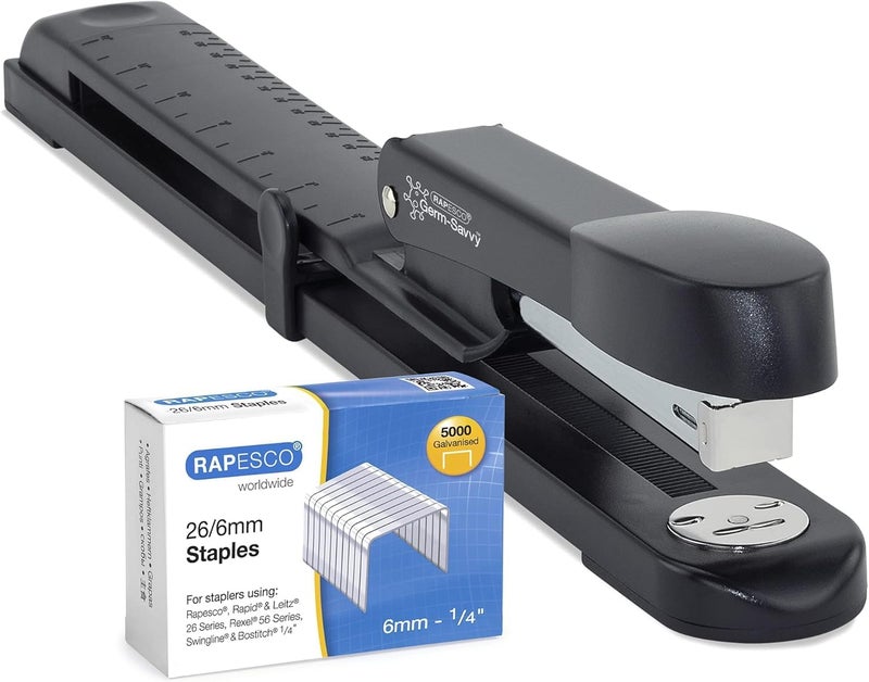 RAPESCO 1464 Germ-Savvy Antibacterial, Marlin Long Arm Stapler & 5000 x 26/6 mm Staples, Black - Image 1