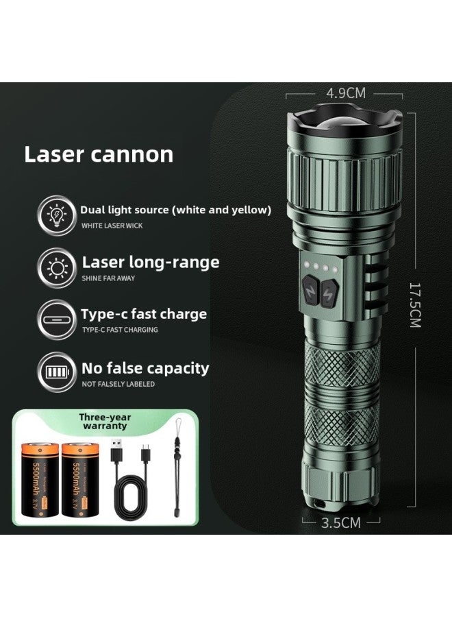 Strong Flashlight Rechargeable Outdoor Ultra-bright Portable Long-range Home Patrol Large Capacity Long Battery Life Lighting-Product Specifications:White And Yellow Double Laser  Laser Cannon/dual - Image 1
