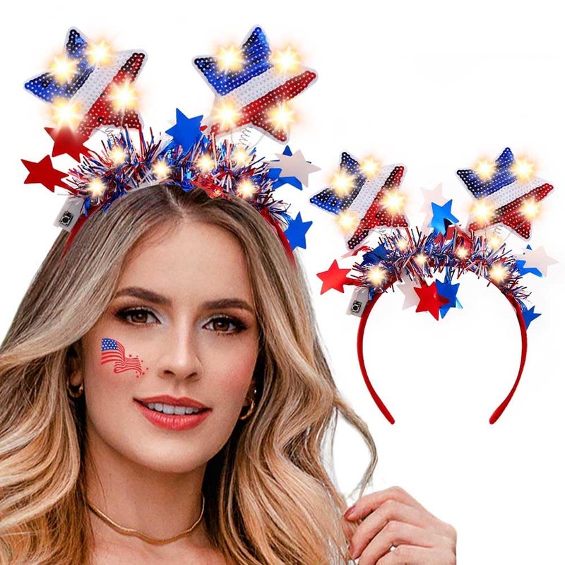 Gangel 4th of July Headband Light Up American Flag Headbands Independence Day Hairband Festival Hair Accessories for Women BlueRed 2 One size