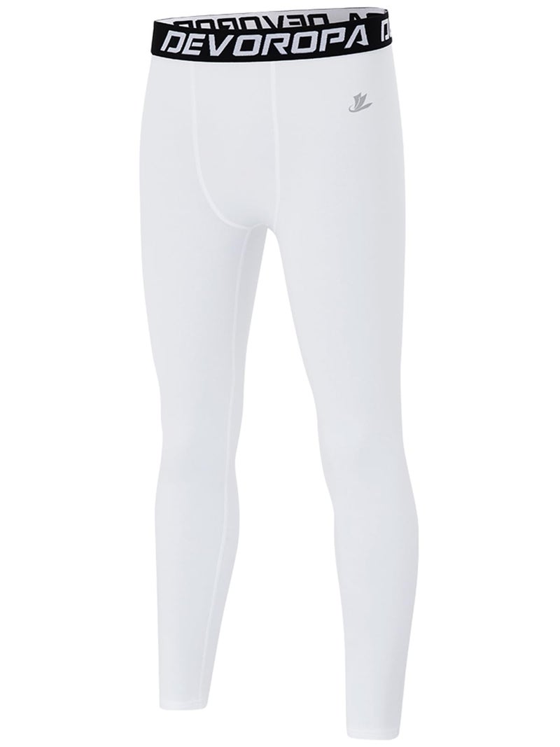 DEVOROPA Boys Leggings Quick Dry Youth Compression Pants Sports Tights Basketball Base Layer White S - Image 1