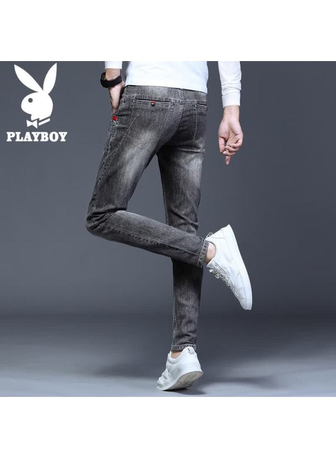 Playboy Men's Jeans Autumn Winter Trendy Slim Fit Stretch Pants Gray 36 - Image 4