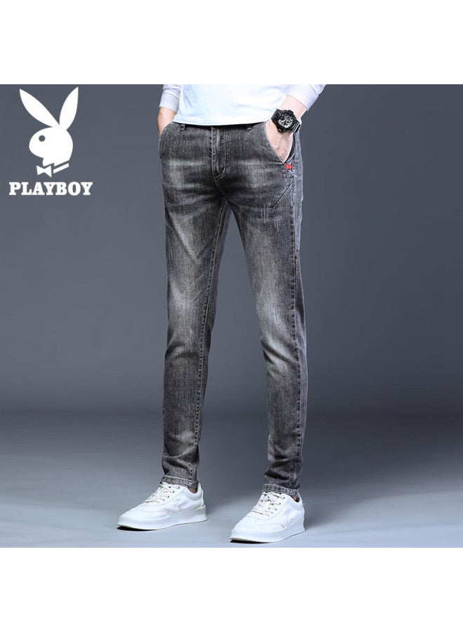 Playboy Men's Jeans Autumn Winter Trendy Slim Fit Stretch Pants Gray 36 - Image 1