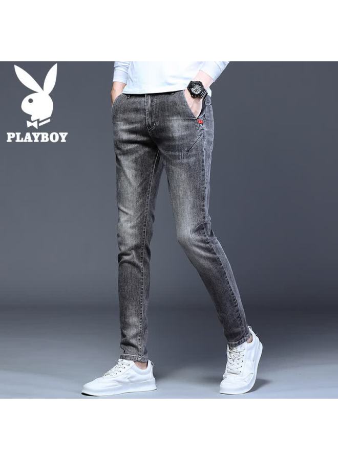 Playboy Men's Jeans Autumn Winter Trendy Slim Fit Stretch Pants Gray 36 - Image 3