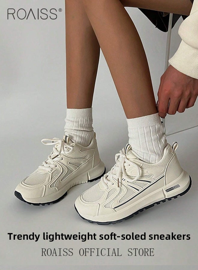 رويس أحذية رياضية نسائية أنيقة سميكة، أحذية منخفضة الرقبة برباط، أحذية رياضية مريحة قابلة للتنفس مع نعال غير قابلة للانزلاق، مناسبة للارتداء اليومي والأنشطة الخارجية، بيضاء - Image 2