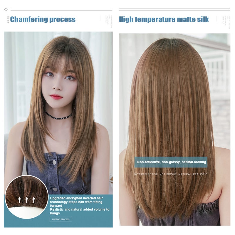 Long Black Straight Wig with Bangs and Wig Cap Wig Human Hair Glueless Natural Layered Synthetic Wigs 22 Inch - Image 4