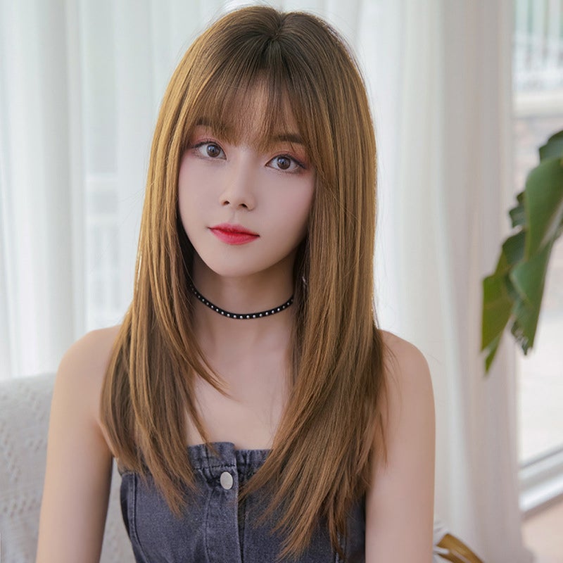 Long Black Straight Wig with Bangs and Wig Cap Wig Human Hair Glueless Natural Layered Synthetic Wigs 22 Inch - Image 2