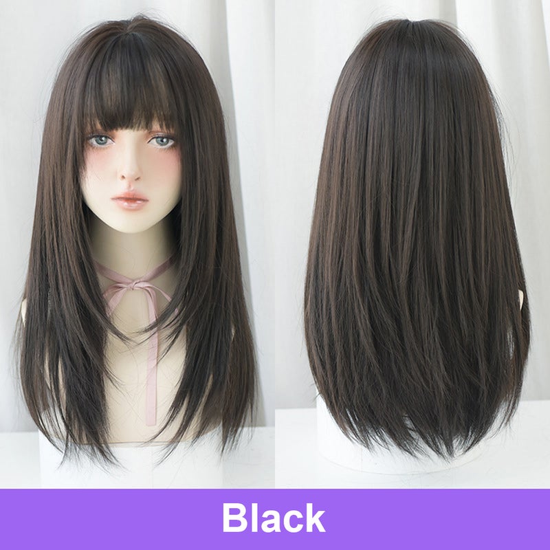 Long Black Straight Wig with Bangs and Wig Cap Wig Human Hair Glueless Natural Layered Synthetic Wigs 22 Inch - Image 1