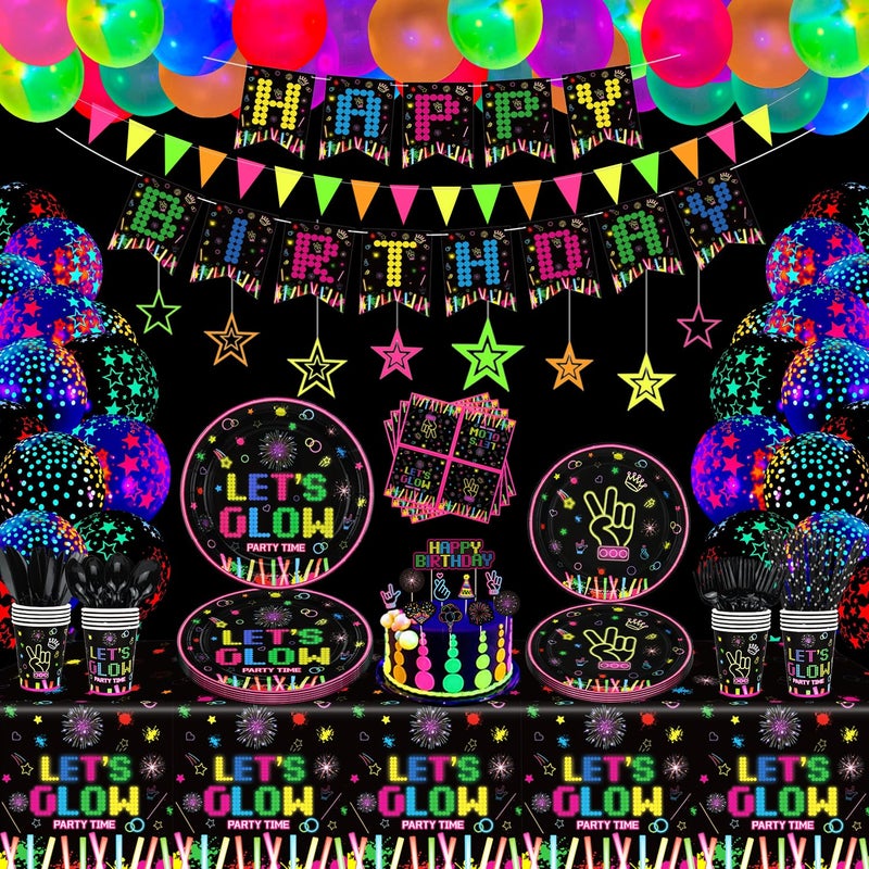 LKITMIUT 238 PCS Glow Neon Party Supplies Glow in The Dark Party Decorations BlackLight Party Tableware Set Plates Banner Fluorescent Balloons Neon Glow Tablecloths Hanging Stars Cups Napkins Serves 20 - Image 2