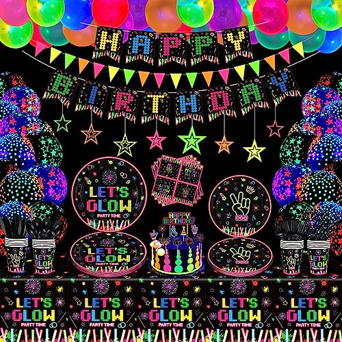 LKITMIUT 238 PCS Glow Neon Party Supplies Glow in The Dark Party Decorations BlackLight Party Tableware Set Plates Banner Fluorescent Balloons Neon Glow Tablecloths Hanging Stars Cups Napkins Serves 20 - Image 1