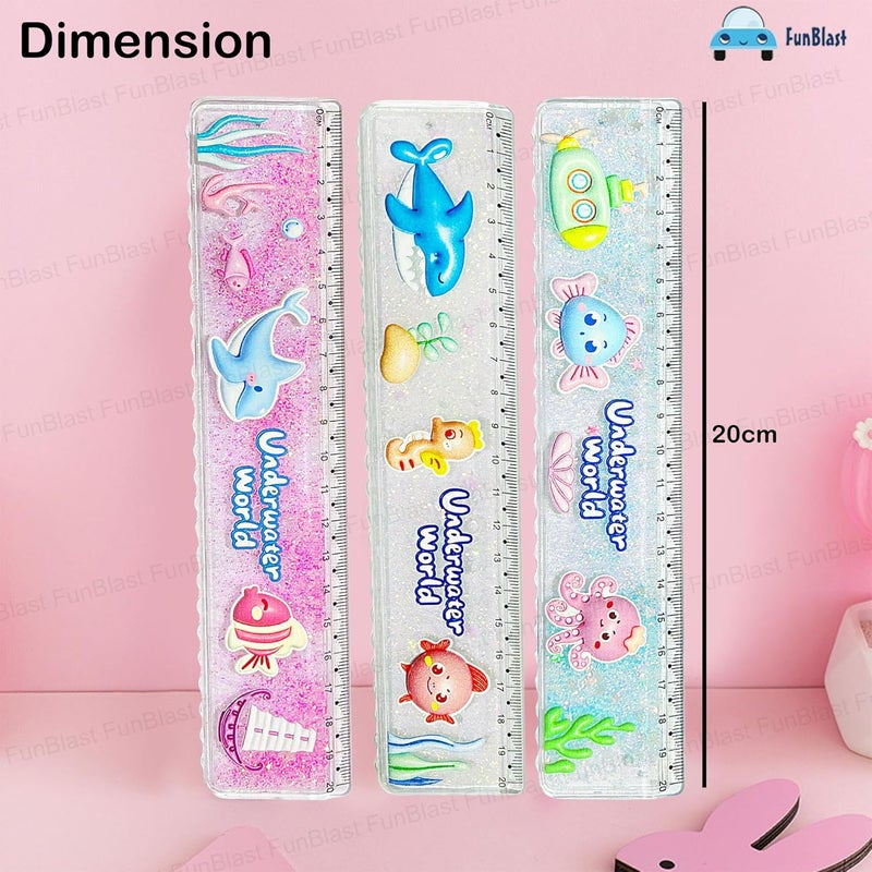 FunBlast مسطرة مقياس للأطفال – مقياس للأطفال، مجموعة مساطر لامعة للطلاب، هدايا مكتبية للأطفال، مساطر لامعة لقرطاسية المدرسة للأطفال - 3 قطع (عالم تحت الماء) - Image 3