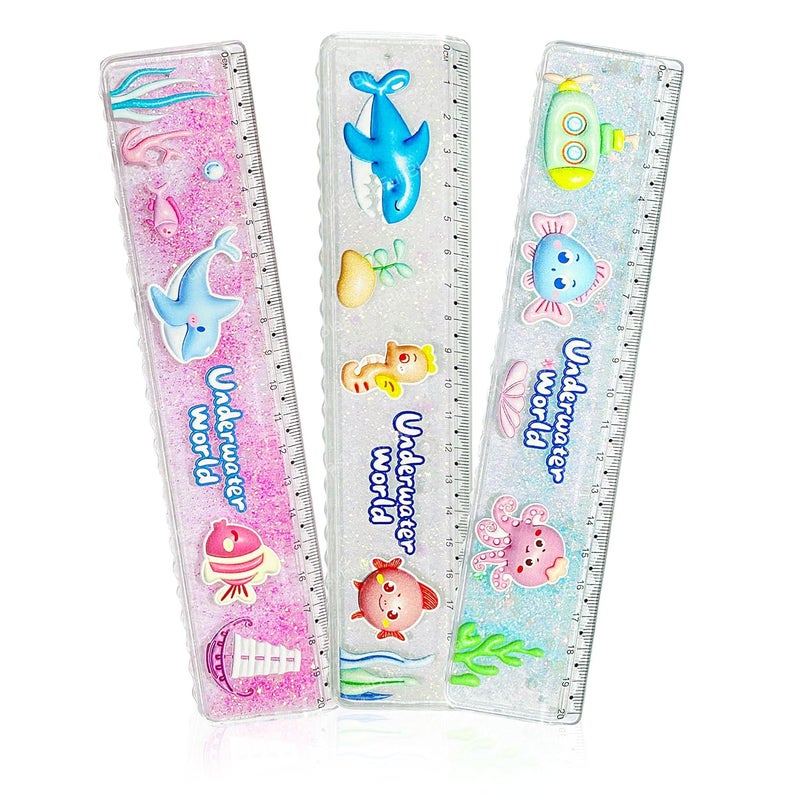 FunBlast مسطرة مقياس للأطفال – مقياس للأطفال، مجموعة مساطر لامعة للطلاب، هدايا مكتبية للأطفال، مساطر لامعة لقرطاسية المدرسة للأطفال - 3 قطع (عالم تحت الماء) - Image 1