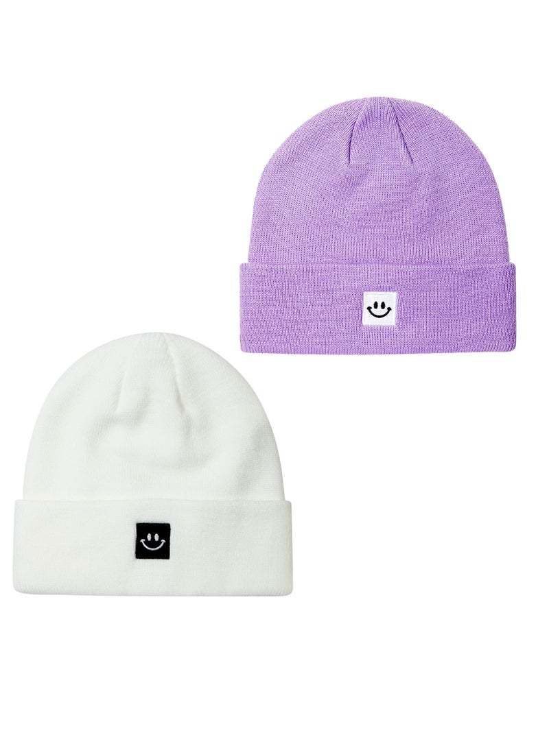 KASTWAVE Smile Face Winter Beanie Hats for Men and Women Stretchy Warm Thick Soft Cap Slouchy Knit Hats (White+Purple) - Image 1