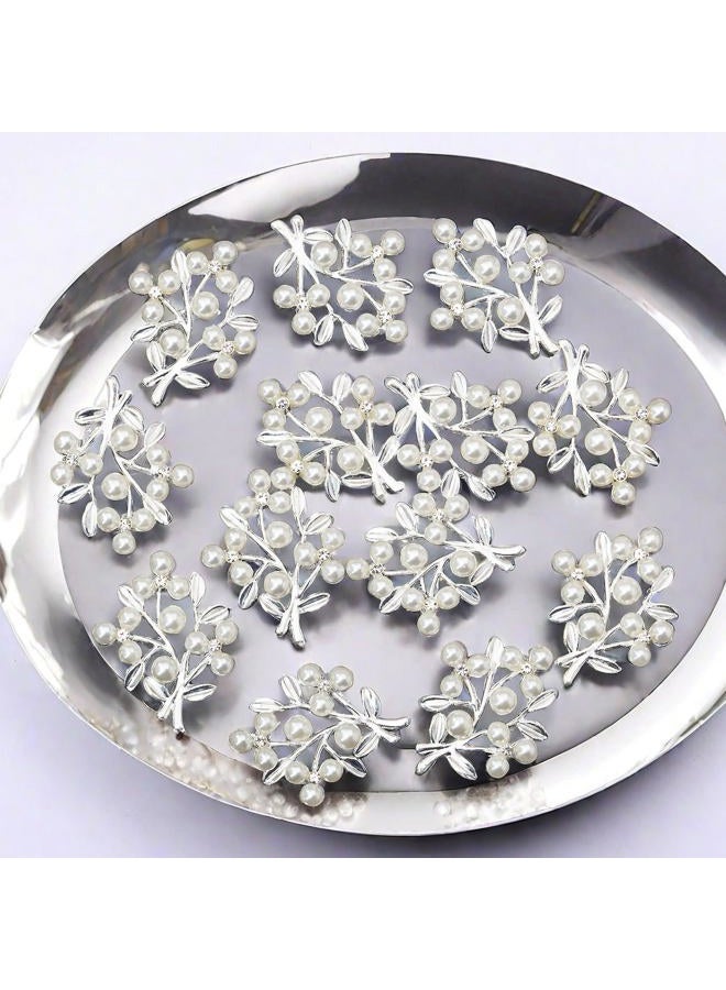 Rodvanvo 36PCS Gold-Plated Pearl Rhinestone Embellishment Alloy Cuttlefish Leaves Micro-Inlaid Pearl Accessories DIY Handmade Home Decoration Embellishment (Silver) - Image 3