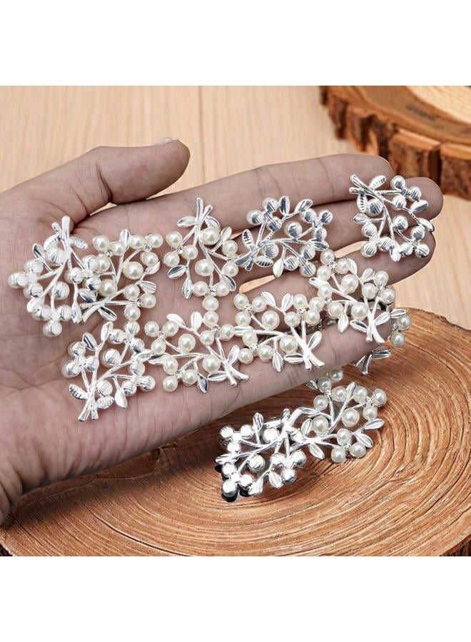 Rodvanvo 36PCS Gold-Plated Pearl Rhinestone Embellishment Alloy Cuttlefish Leaves Micro-Inlaid Pearl Accessories DIY Handmade Home Decoration Embellishment (Silver) - Image 1
