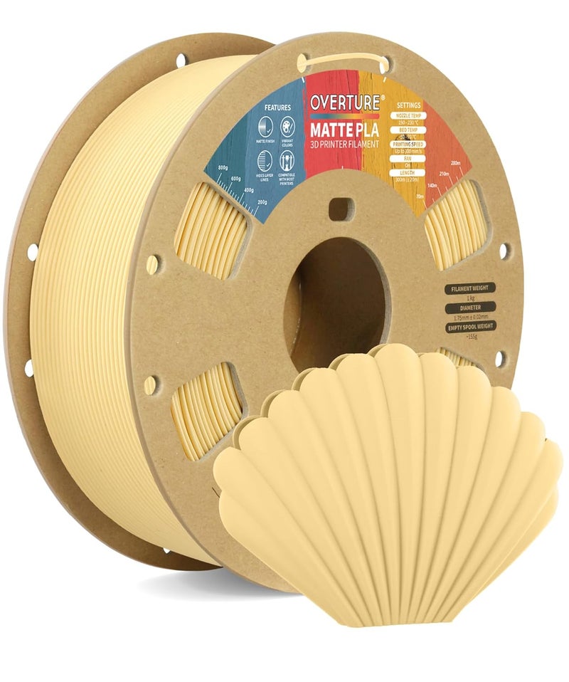 OVERTURE Matte PLA 3D Printer Filament 1.75mm, Matt Surface & Low Warping Filament 1kg Spool (2.2 lbs), Accuracy +/- 0.02 mm, Fit Most FDM Printers (Matte Butter Yellow) - Image 1