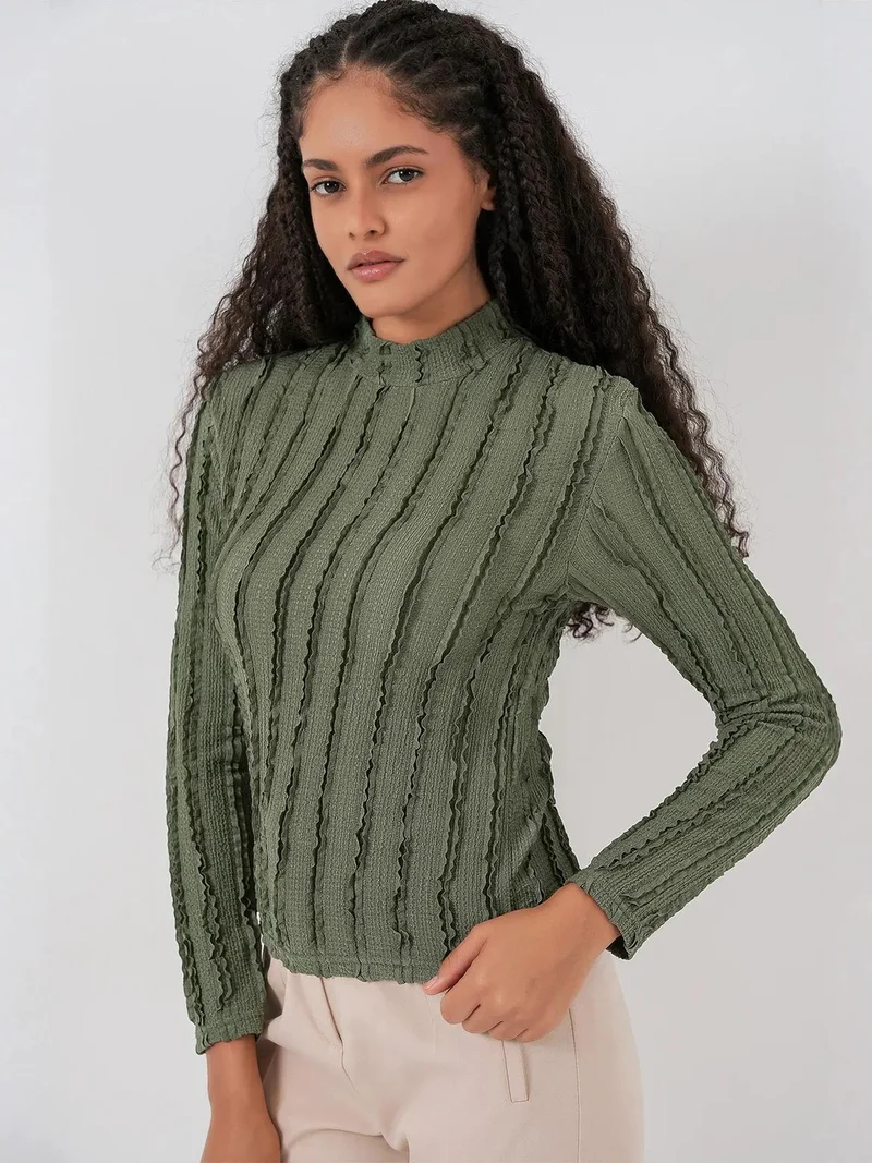 Big Dart Khaki Green BDART Textured Slim Fit Half Turtleneck Blouse for Women | Best Price UAE