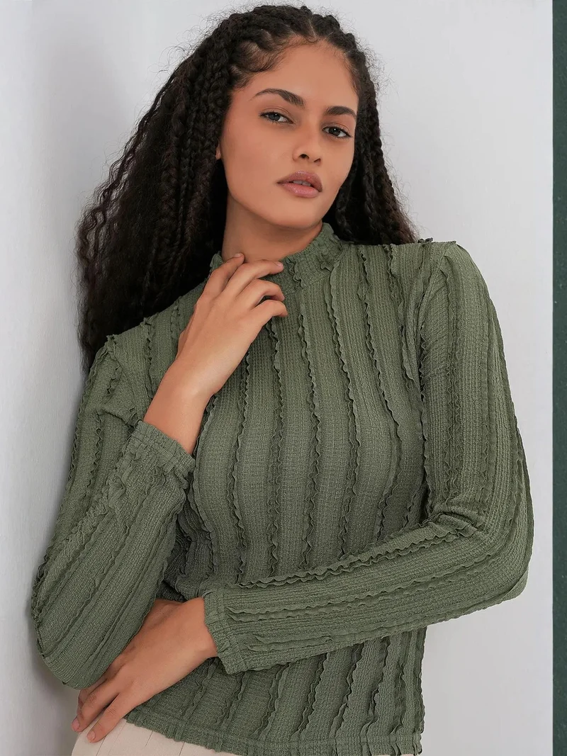 Big Dart Khaki Green BDART Textured Slim Fit Half Turtleneck Blouse for Women | Best Price UAE